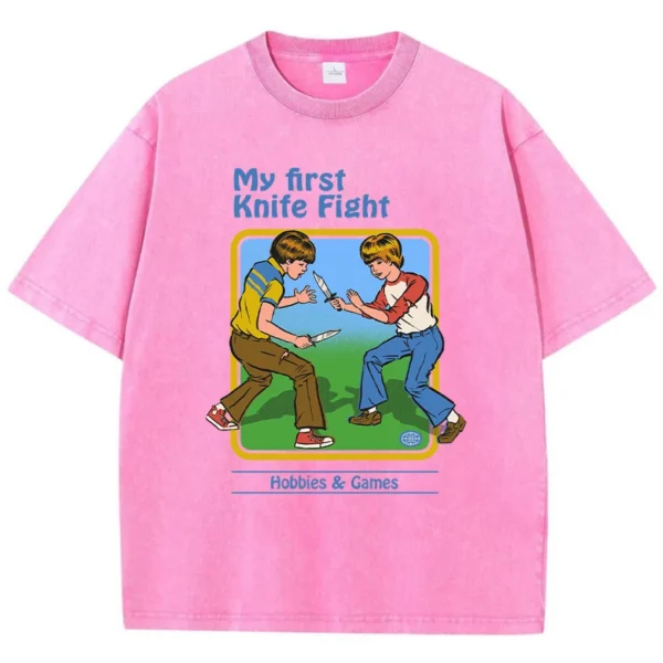 Women's casual streetwear t-shirt with 'My First Knife Fight' cartoon graphic print.