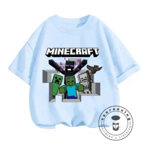 Young boy wearing a blue short-sleeve t-shirt with a large colourful graphic of the Minecraft character CatNap on the front.