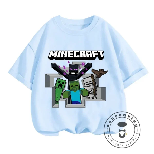 Young boy wearing a blue short-sleeve t-shirt with a large colourful graphic of the Minecraft character CatNap on the front.