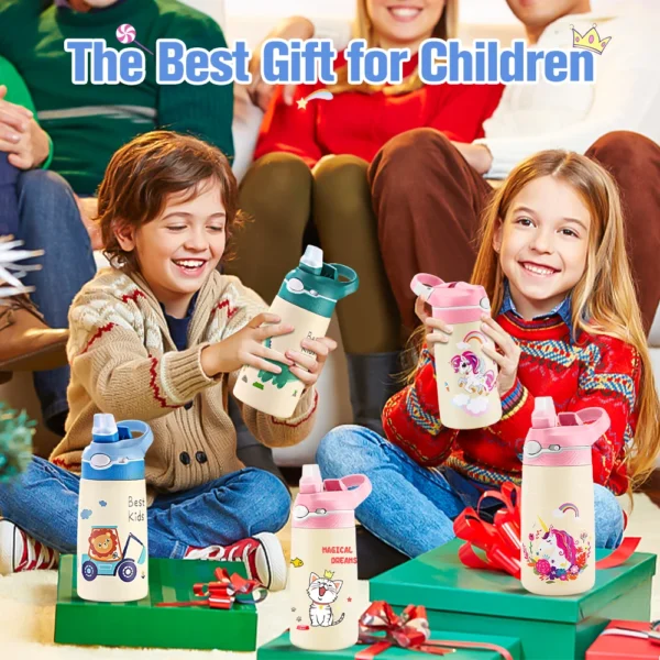 Pink and white unicorn kids insulated stainless steel water bottle 400ML BPA-free.