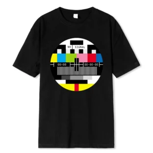 Men's oversize black cotton t-shirt featuring a white geometric 'No Signal' screen print graphic on the chest.
