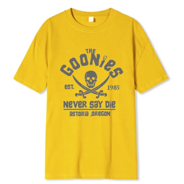 Men's black cotton Goonies t-shirt with white 'Never Say Die' text graphic. Retro 80s movie fan apparel.