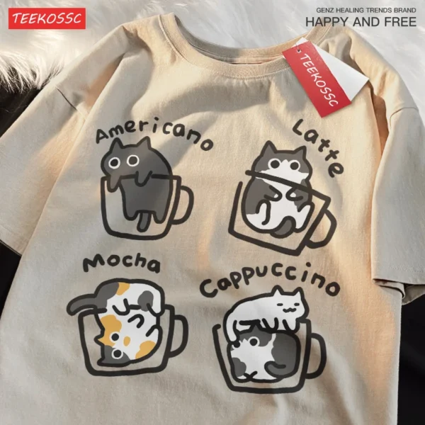 Mocha Latte Cat design printed on a soft cotton unisex t-shirt for cat and coffee lovers.