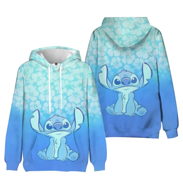 Kawaii Stitch unisex hoodie featuring a cute blue cartoon character print on a comfortable loose-fit sweatshirt.