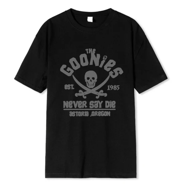 Men's black cotton Goonies t-shirt with white 'Never Say Die' text graphic. Retro 80s movie fan apparel.