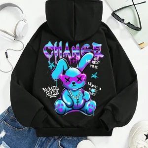 Women's oversized kawaii streetwear sweatshirt with rabbit cartoon print and cozy artificial fur lining.