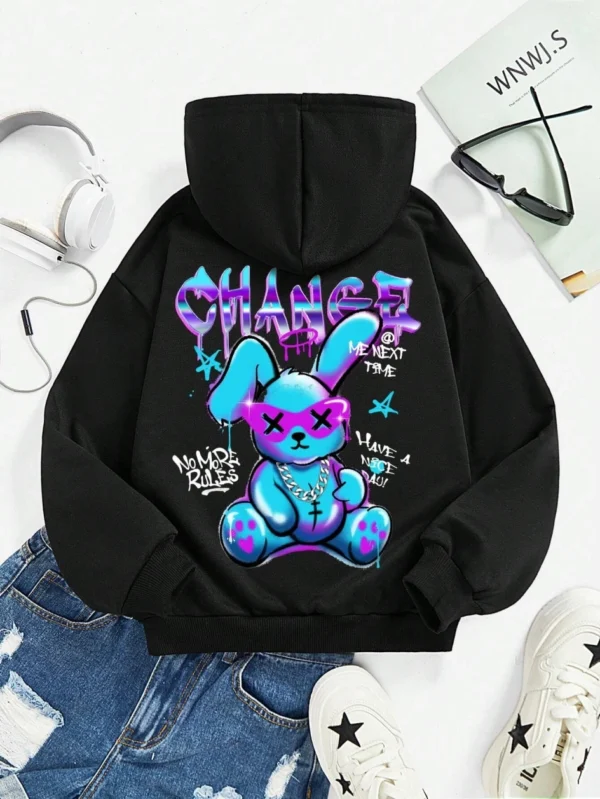 Women's oversized kawaii streetwear sweatshirt with rabbit cartoon print and cozy artificial fur lining.
