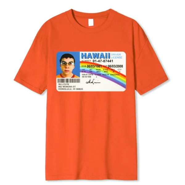 Black cotton t-shirt displaying the funny McLovin Hawaii ID card graphic from the Superbad movie.