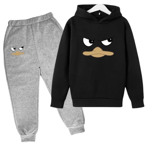 Kids unisex duck face print hoodie and pants tracksuit set for spring autumn wear ages 2-13.