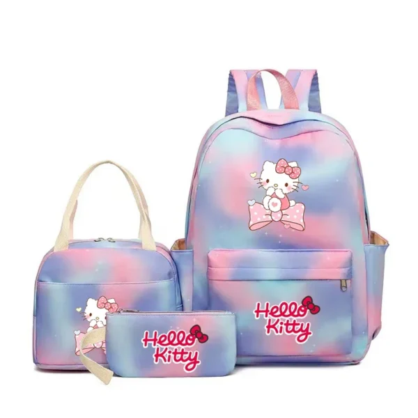 MINISO Kuromi and Cinnamoroll large capacity nylon backpack set with matching lunch bag and pencil case.