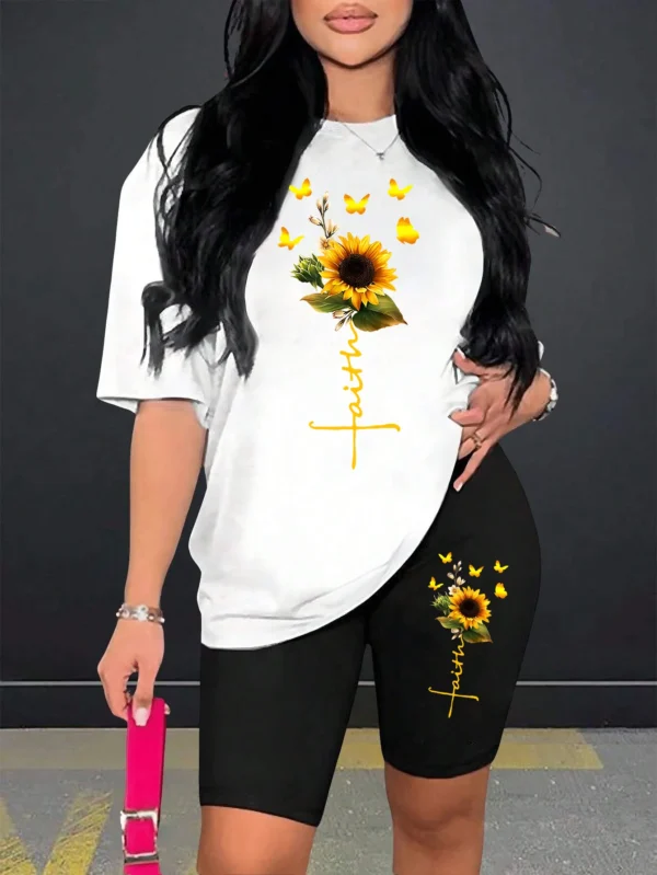Woman modeling sunflower butterfly print two piece set with short sleeve knit t-shirt and regular fit shorts.