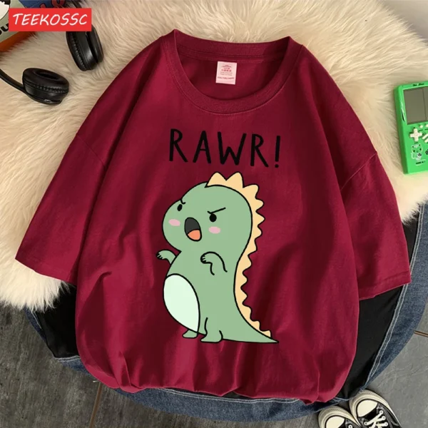 Women's regular fit short sleeve t-shirt with a fierce cartoon dinosaur print on the front.