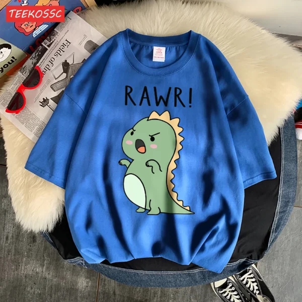 Women's regular fit short sleeve t-shirt with a fierce cartoon dinosaur print on the front.