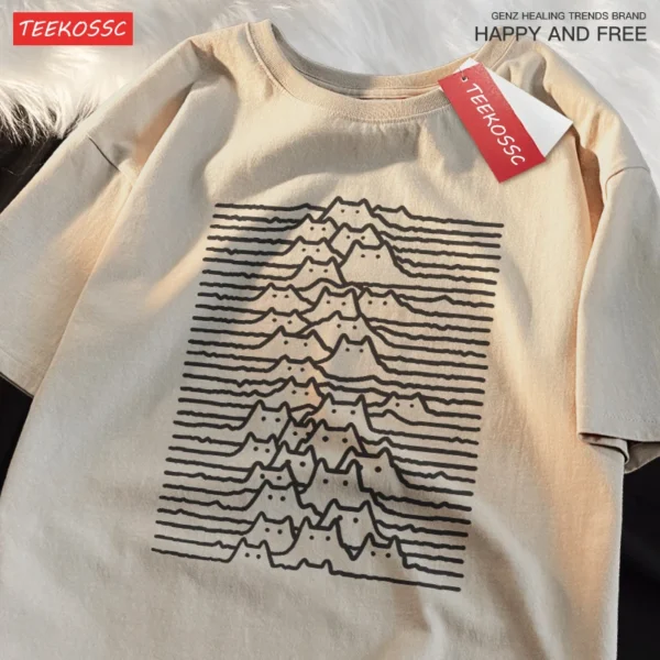 Unisex cotton t-shirt featuring a cartoon graphic of a cat on a mountain range.
