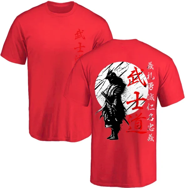 Back view of Men's oversized black t-shirt with white Japanese Samurai warrior graphic print.