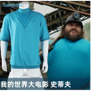Steve Minecraft cosplay costume set featuring blue pixel-style t-shirt and matching pants displayed on mannequin or model.