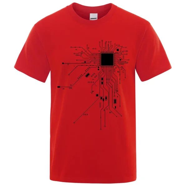 Men's cotton t-shirt featuring a detailed white CPU processor circuit diagram graphic on a dark background.