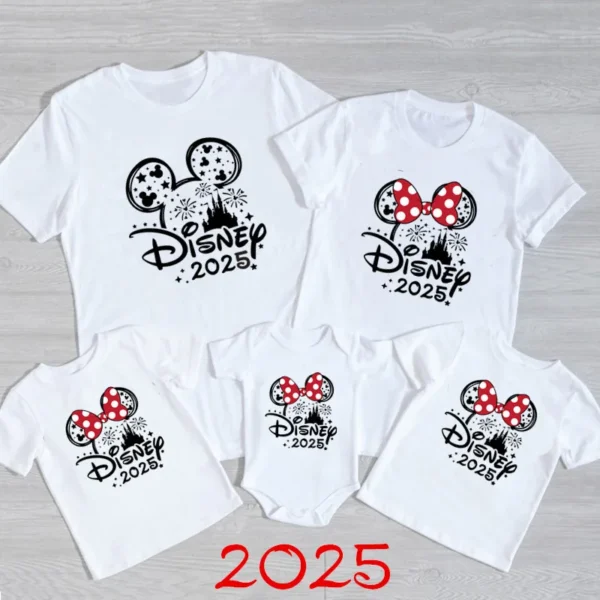 Family wearing matching Mickey and Minnie Mouse cotton shirts and baby romper for Disney trip.