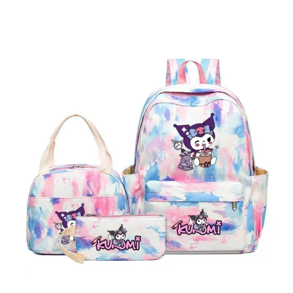 MINISO Kuromi and Cinnamoroll large capacity nylon backpack set with matching lunch bag and pencil case.