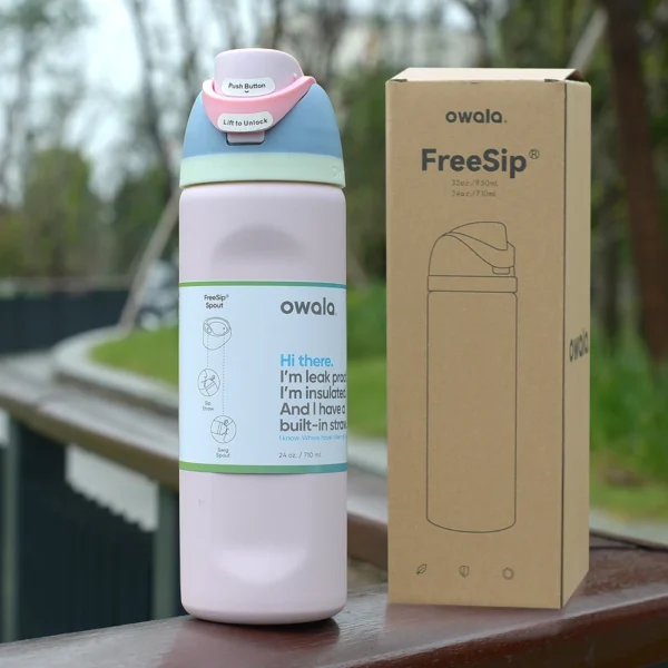 Owala FreeSip insulated stainless steel water bottle with built-in straw and leak-proof lid.