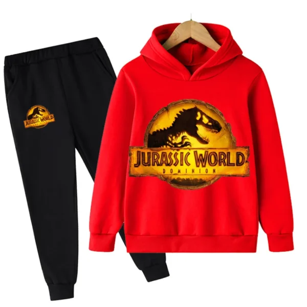 Child wearing fun dinosaur print hoodie and matching pants set - outfit for boys and girls.