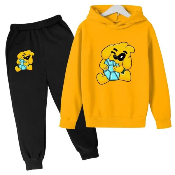 Kids tracksuit set with cute dog print on grey pullover hoodie and matching pants for boys and girls (ages 2-13).