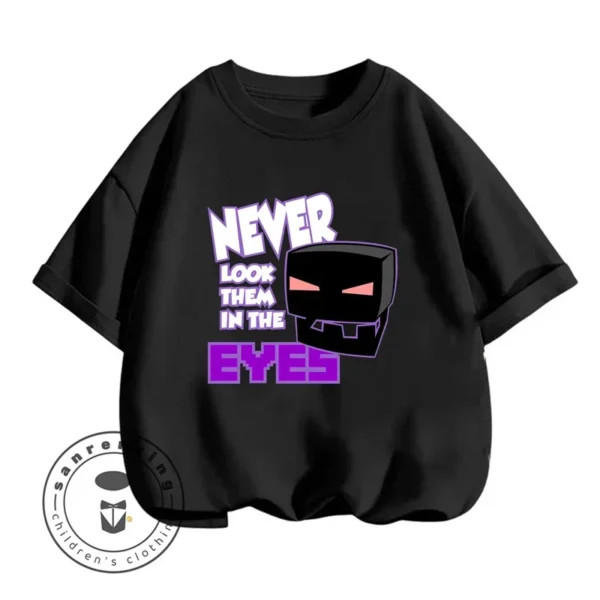 Kids Minecraft summer t-shirt featuring a colorful cartoon print inspired by the game and short sleeves.