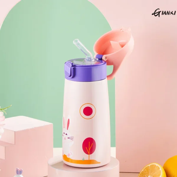 Stainless steel kids thermos water bottle with integrated straw and colourful cartoon design