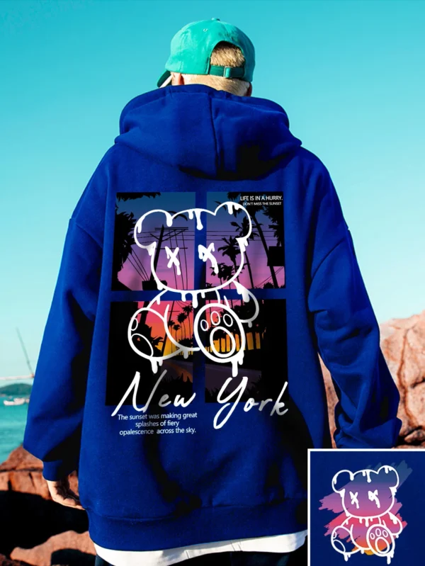 Men's black streetwear hoodie featuring a graphic print of a cool cartoon bear on the front. Pullover style with kangaroo pocket.