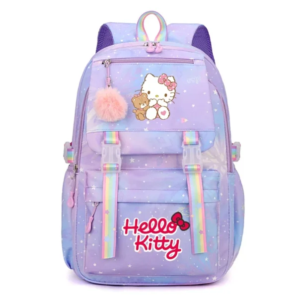 Front view of the MINISO Kuromi & Cinnamoroll backpack showing the cute character print on a large nylon bag.