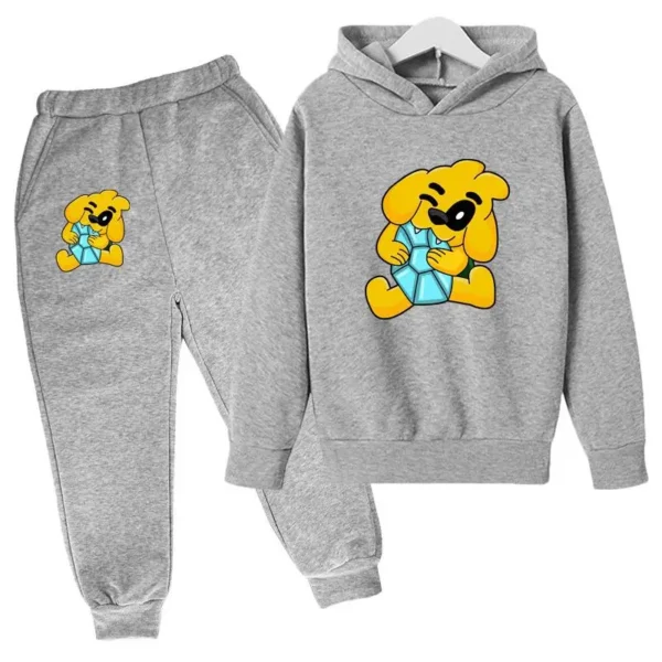 Kids tracksuit set with cute dog print on grey pullover hoodie and matching pants for boys and girls (ages 2-13).