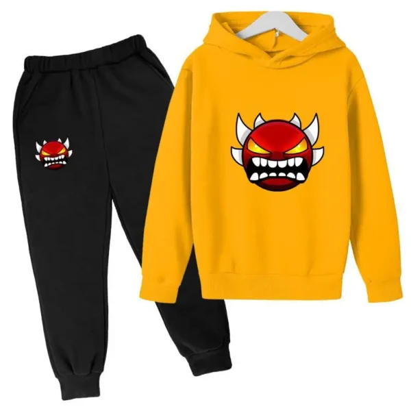 Kids cartoon geometric print pullover hoodie and matching pants tracksuit set for boys and girls.