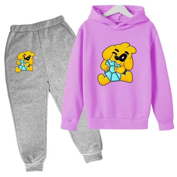 Kids tracksuit set with cute dog print on grey pullover hoodie and matching pants for boys and girls (ages 2-13).