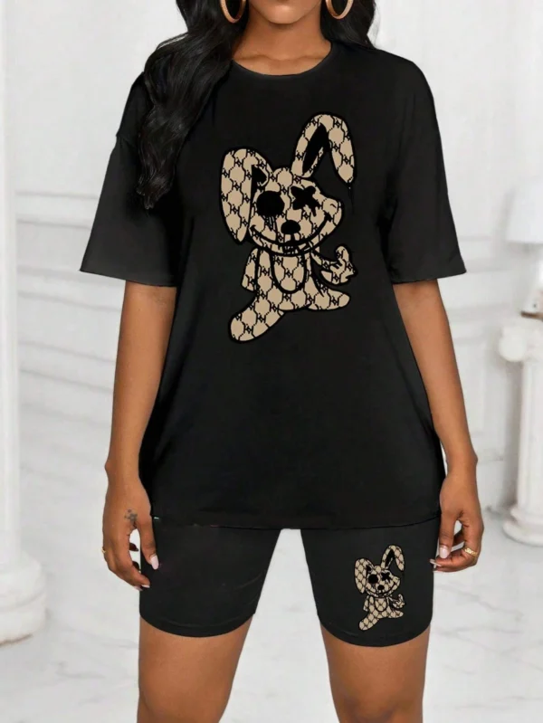 Women's cute rabbit cartoon print two-piece summer outfit.
