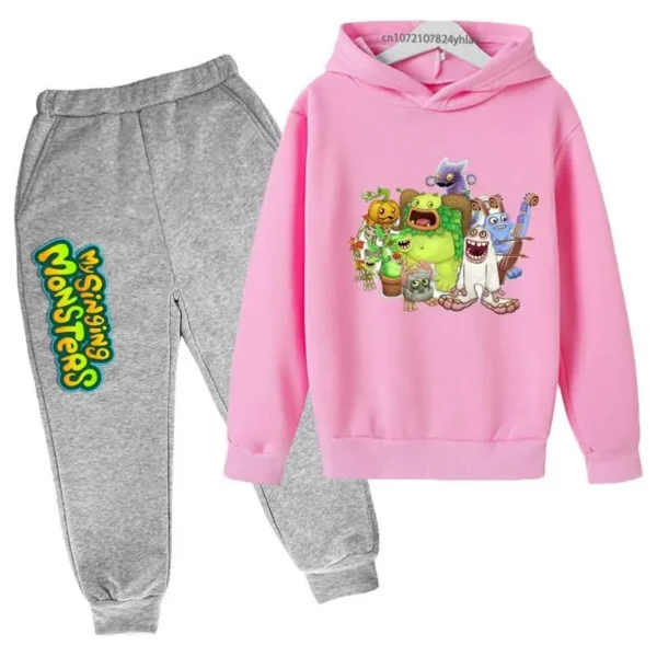 Kids My Singing Monsters tracksuit set featuring character print hoodie and matching pants for boys and girls ages 3-14. ```