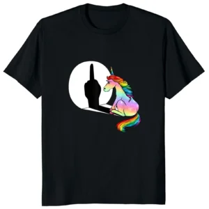 Unisex white cotton t-shirt displaying a humorous graphic of a unicorn giving the middle finger.
