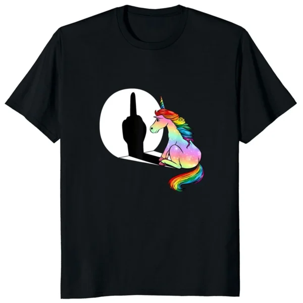 Unisex white cotton t-shirt displaying a humorous graphic of a unicorn giving the middle finger.