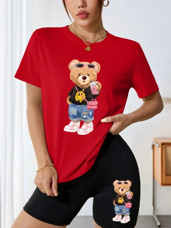 Women's bear & milk tea print t-shirt and shorts set - cute summer two piece outfit