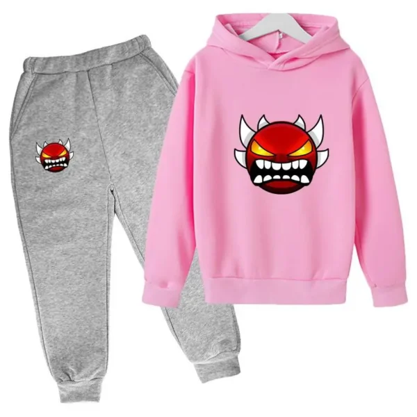 Kids cartoon geometric print pullover hoodie and matching pants tracksuit set for boys and girls.