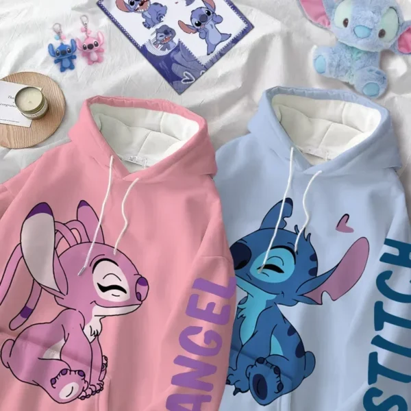 Disney hoodie featuring cute cartoon graphic of Stitch and Angel. Unisex pullover style with front pocket.