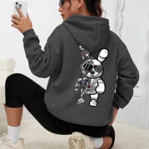 Women's Robot Rabbit Cartoon Print Fleece Hoodie