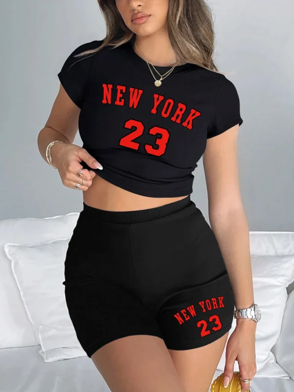 Women's black two-piece streetwear set with white 'New York 23' print