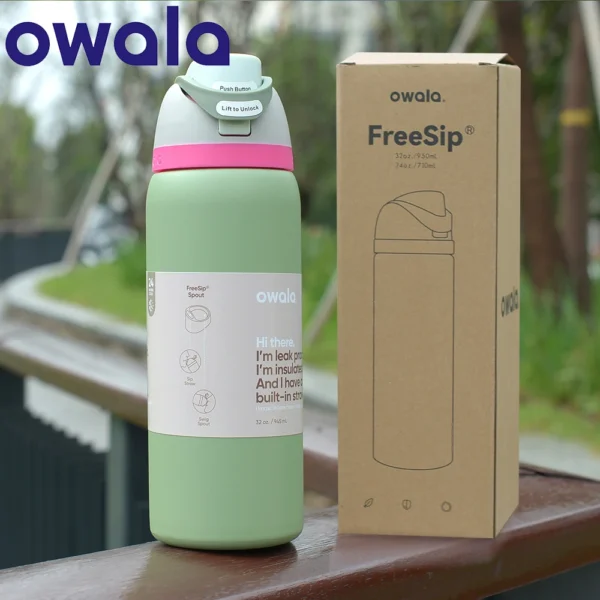 Owala FreeSip insulated stainless steel water bottle with built-in straw and leak-proof lid.