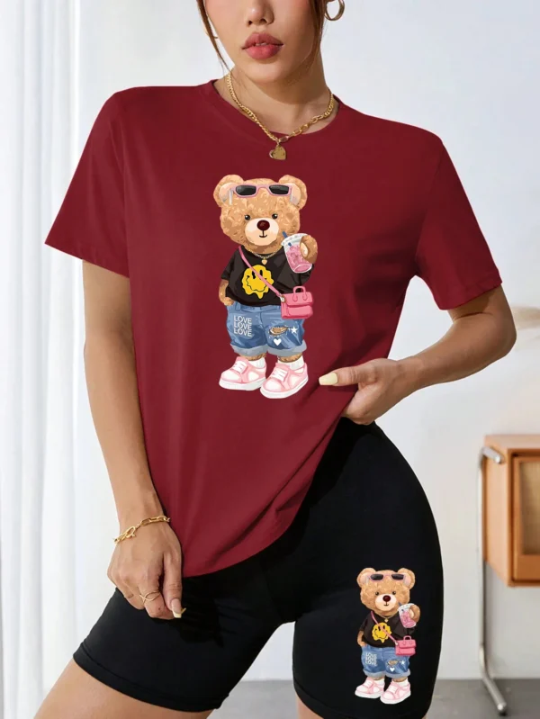Women's bear & milk tea print t-shirt and shorts set - cute summer two piece outfit