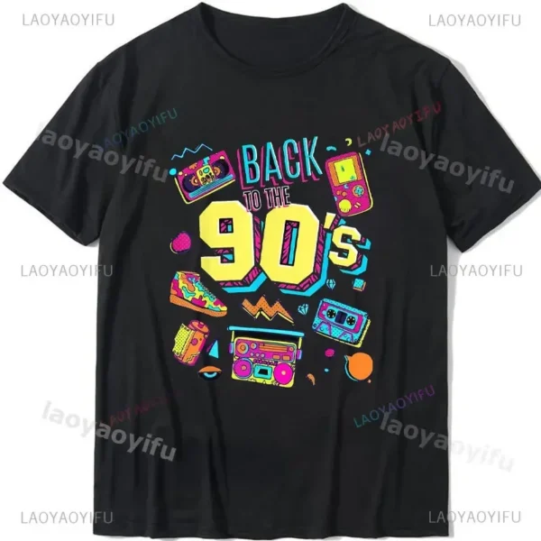 Woman wearing a white 'I Love The 90s / Take Me Back To The 90s' retro graphic tee against a plain background.