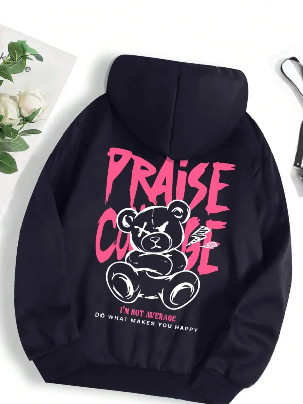 Woman wearing cute bear print fleece-lined hoodie warm autumn streetwear sweatshirt.