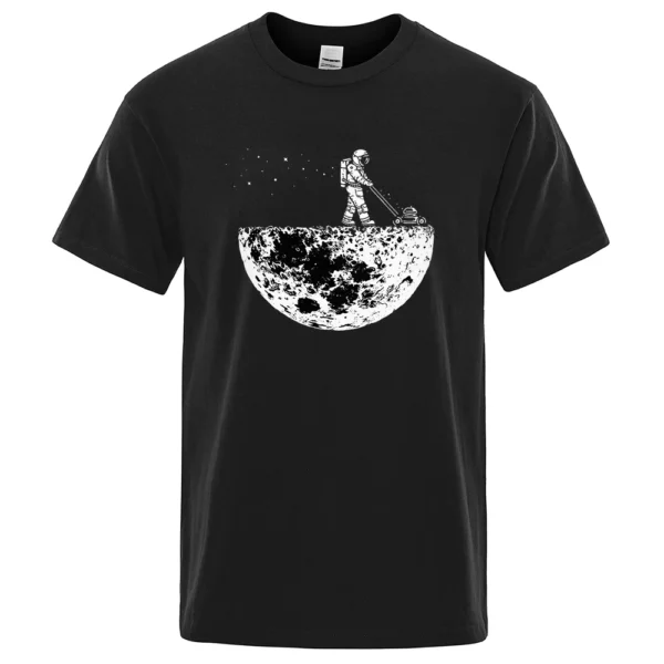 Men's oversized black cotton t-shirt displaying a funny white graphic print of an astronaut on the moon.