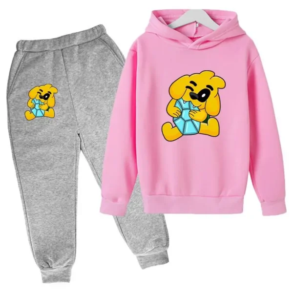 Kids tracksuit set with cute dog print on grey pullover hoodie and matching pants for boys and girls (ages 2-13).