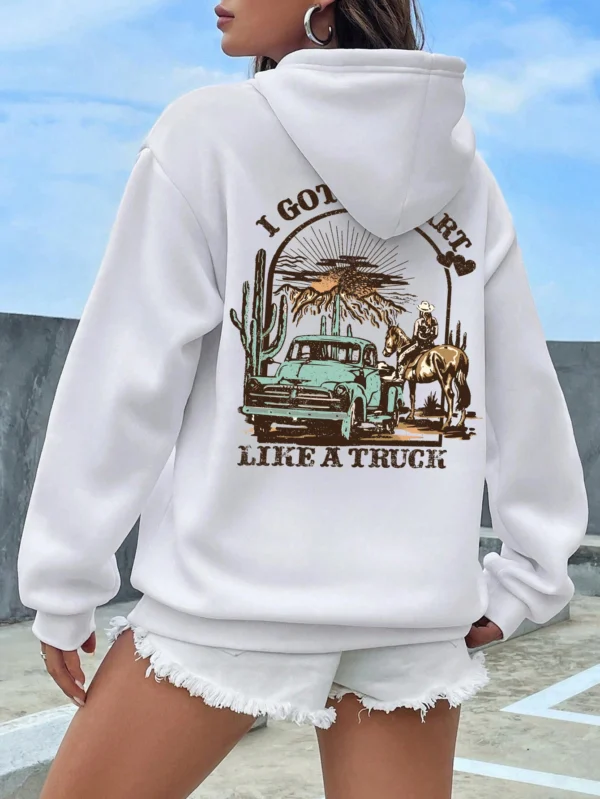 Women's casual streetwear hoodie with graphic print and warm faux fur lining - Autumn/Winter style. ```
