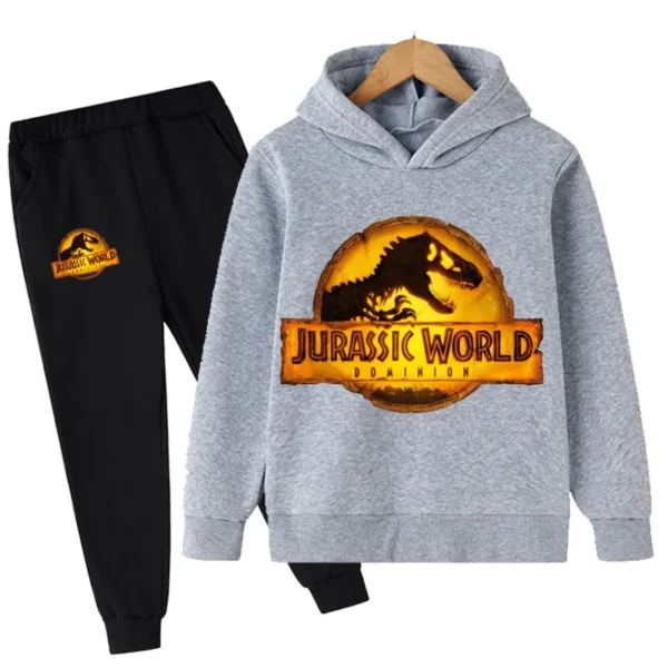 Child wearing fun dinosaur print hoodie and matching pants set - outfit for boys and girls.